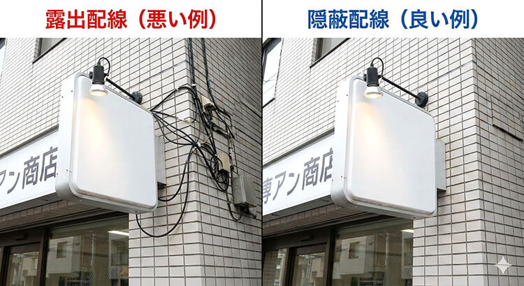 看板照明の配線処理 露出と隠蔽の比較