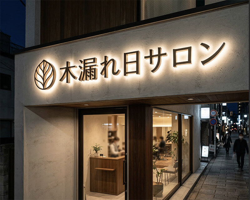 LEDで発光するロゴのチャンネル文字看板。夜の店舗外観で正面または背面が光る立体ロゴサインのイメージ
