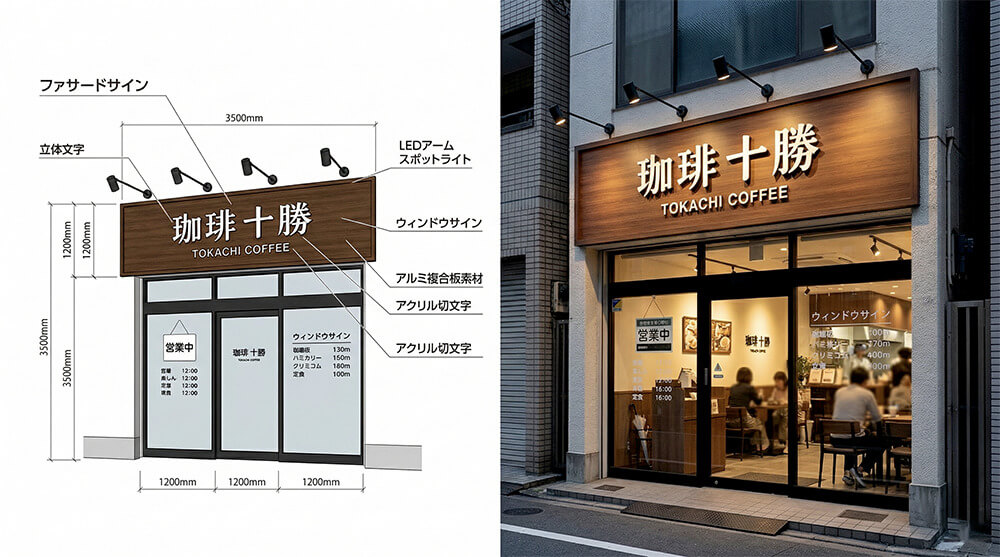 目立つ看板の実例。デザイン図と完成写真を比較しながら、集客につながる店舗看板の見せ方を解説する記事のメインビジュアル