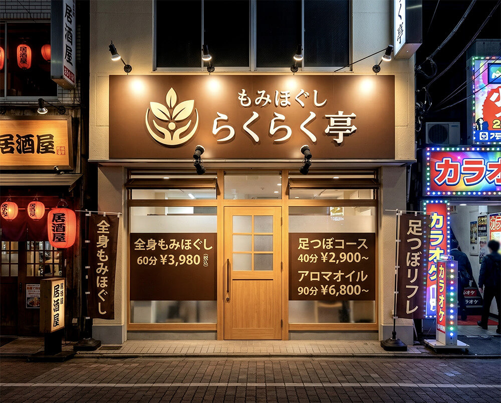 目立つ看板の施工事例。茶系の大型ファサード看板とガラス面表示で安心感と視認性を両立したもみほぐし店舗の完成外観