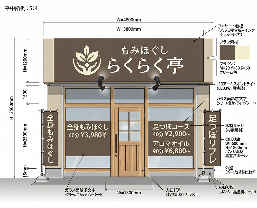目立つ看板のデザイン図。茶系のファサード看板とガラス面訴求、のぼりを組み合わせたもみほぐし店舗の外観プラン