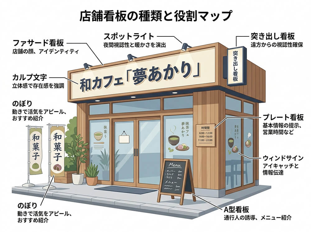 目立つ看板の構成図。ファサード看板、ウィンドウサイン、突き出し看板、A型看板、のぼりの役割を整理した店舗外観図