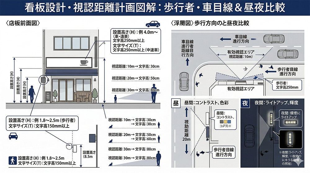 目立つ看板の視認距離を説明する図。歩行者目線、車目線、昼夜の見え方、文字サイズの関係を整理したサイン設計図解