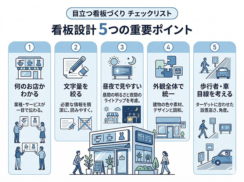 目立つ看板づくりのチェック項目を整理した図解。業種訴求、文字量、照明、視認距離、外観全体の統一感をまとめたインフォグラフィック