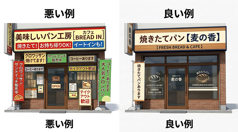 目立つ看板の比較図。文字を詰め込みすぎた読みにくい看板と、情報を整理して視認性を高めた看板を比較したビジュアル
