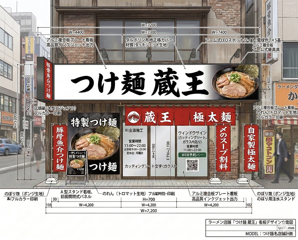 目立つ看板のデザイン図。赤いファサード看板と白いカルプ文字、のれん、のぼり、メニュー表示を組み合わせたラーメン店の店舗外観プラン