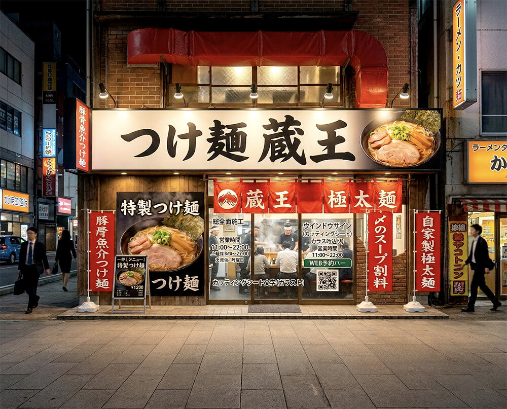 目立つ看板の施工事例。夜間でも視認性が高い赤いファサード看板を設置したラーメン店の完成外観