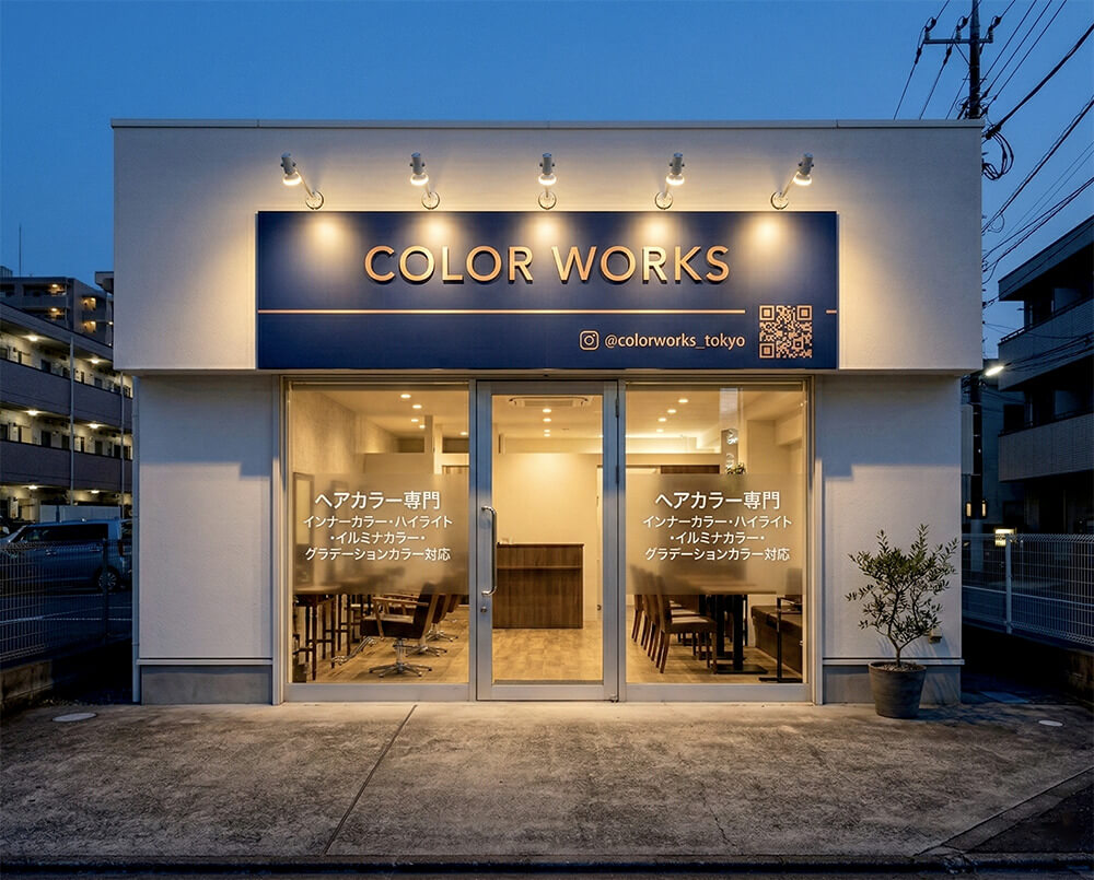 目立つ看板の施工事例。ネイビーのファサード看板とスポットライトで品よく目立たせた美容系店舗の完成外観