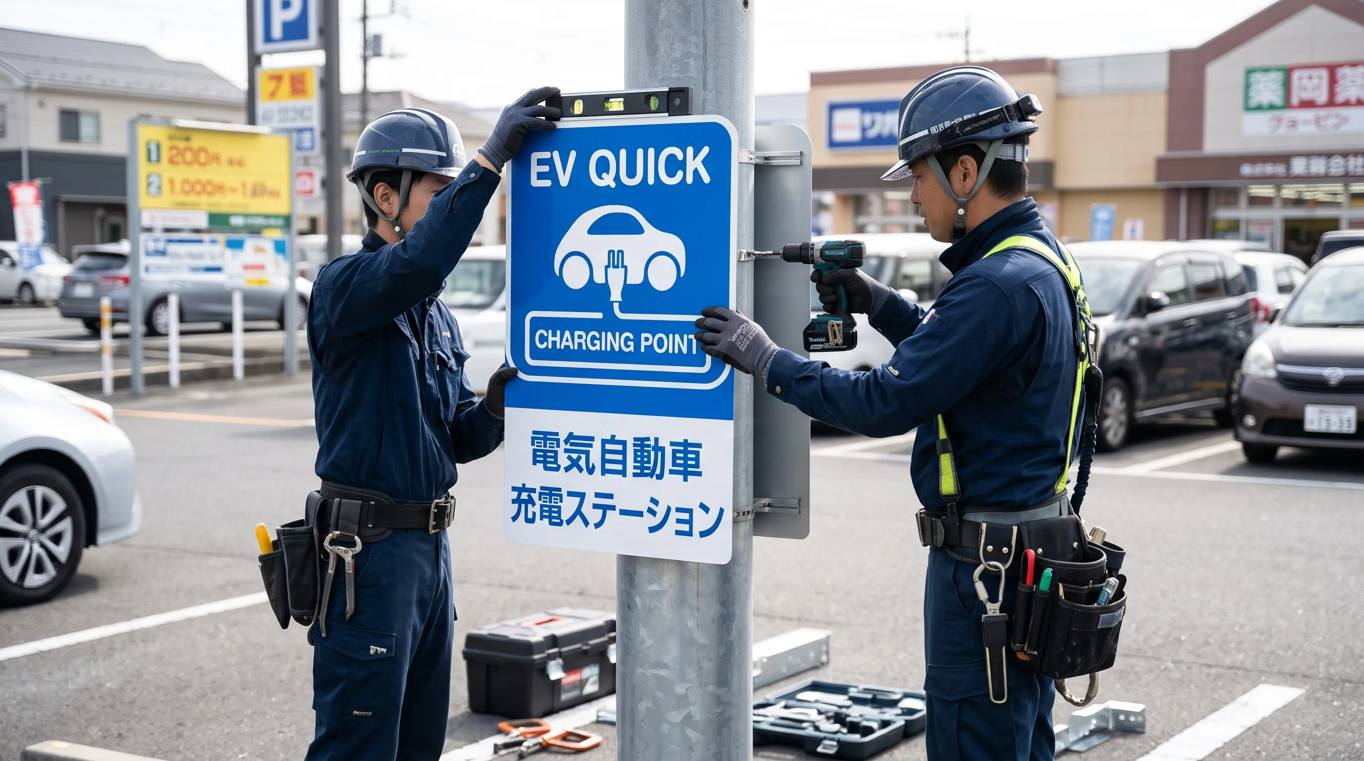 キュービック神奈川の職人によるEV充電スポット看板の丁寧な現地施工風景
