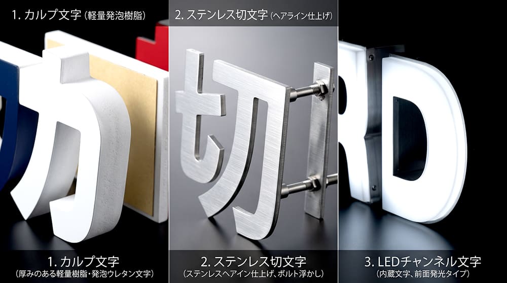 カルプ文字の厚み、ステンレス切文字の金属光沢、LEDチャンネル文字の発光を並べて比較した詳細写真
