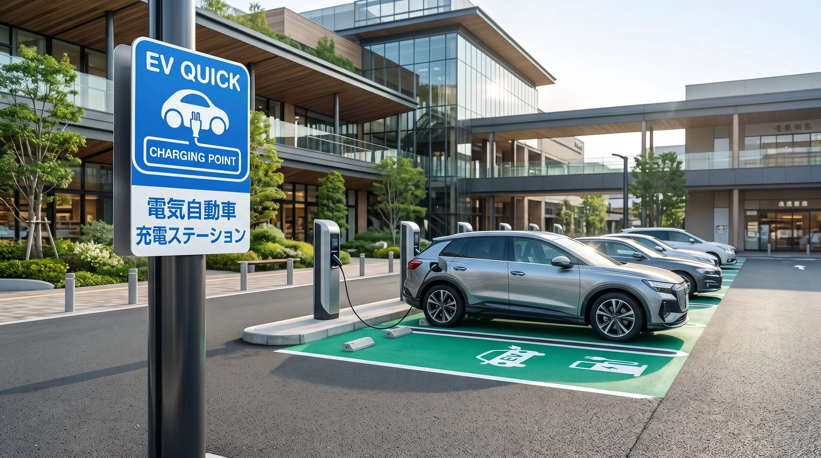 商業施設やホテルのEV充電スタンドに設置された視認性の高いEV看板と路面標示サイン