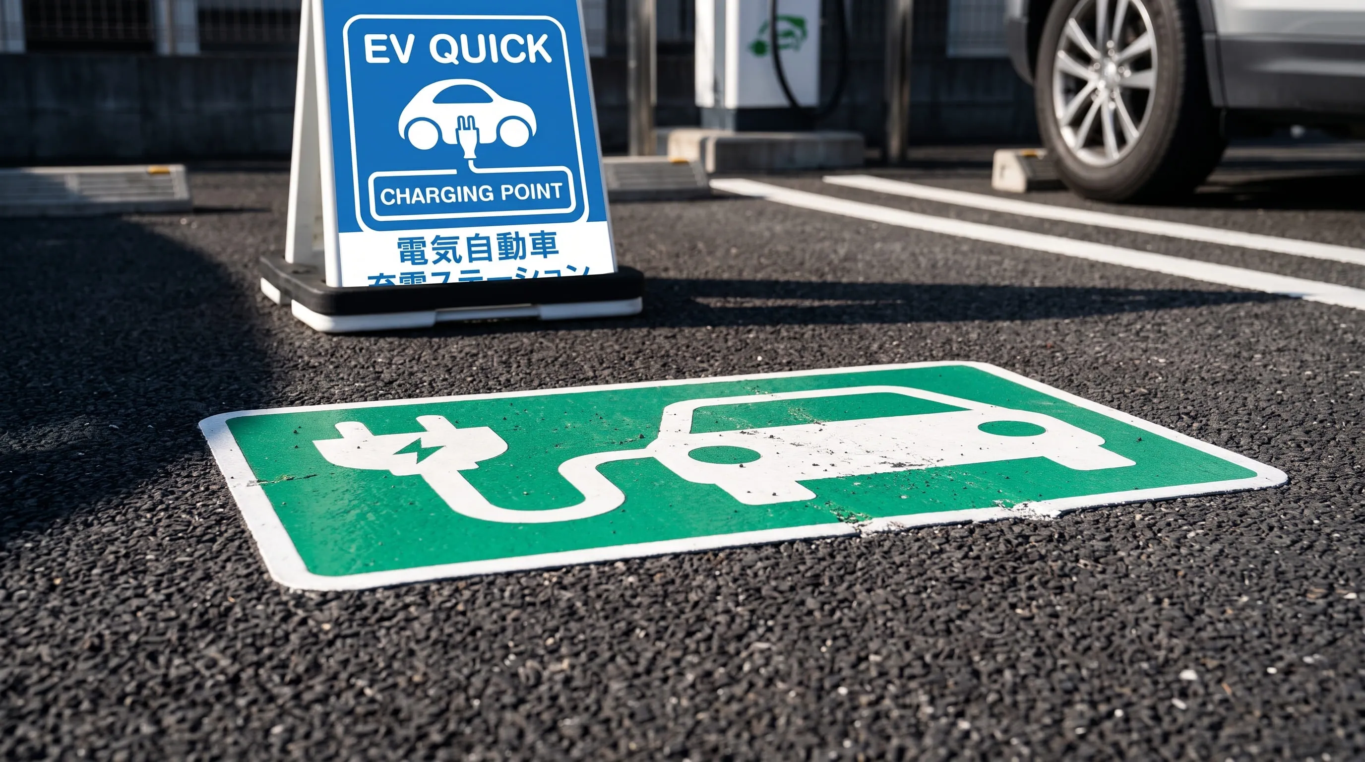 EV専用駐車スペースの路面ペイントシートとガソリン車誤駐車防止スタンド看板