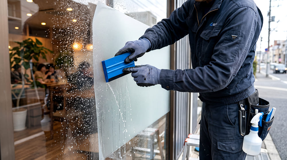 職人がガラス面に施工液をたっぷり吹き付けフェルト付きスキージを使って水と気泡を丁寧に抜くフォグラスの水貼り施工