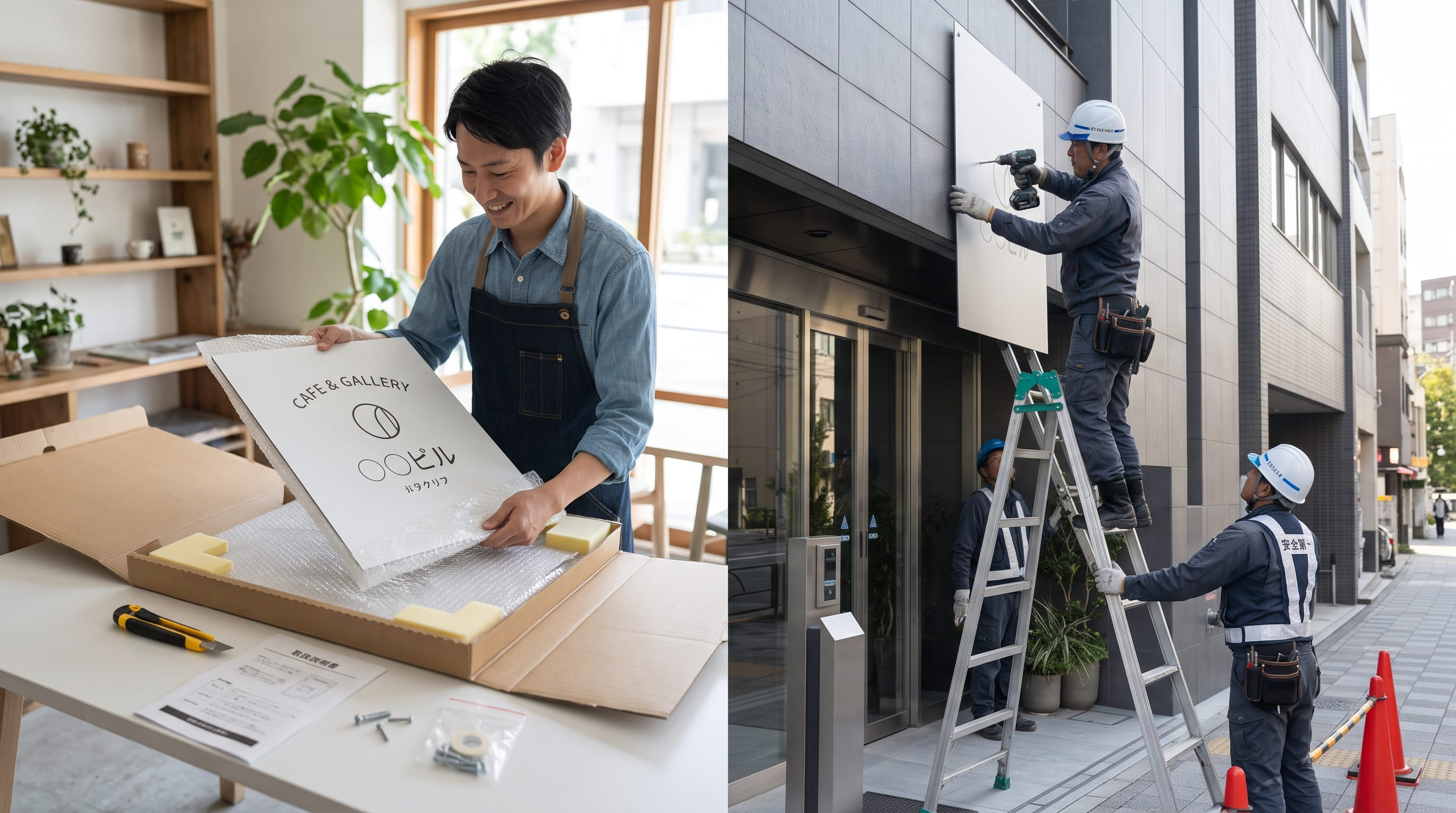 平看板の自作DIY（通販購入）と看板専門業者への発注フローの比較チャート