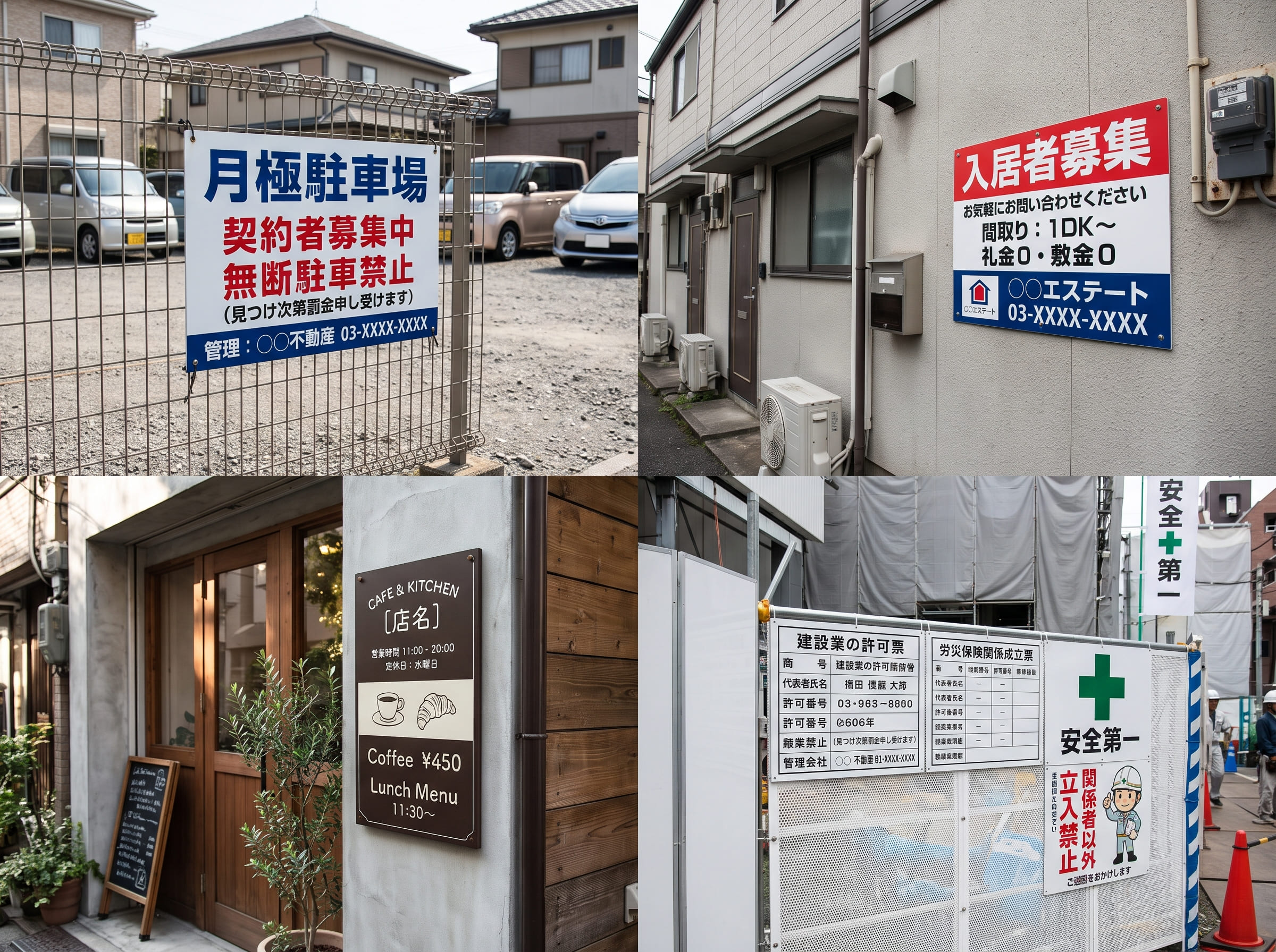 フェンス看板、駐車場案内看板、ビル壁面看板、不動産入居者募集看板など平看板の多様な用途