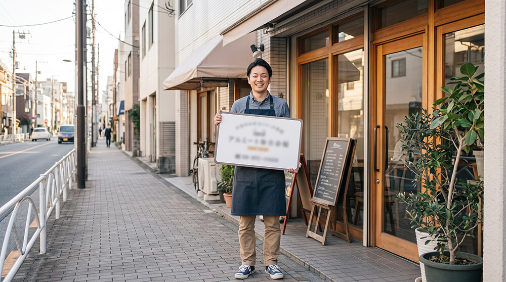 自分たちで手軽に設置できるプレート看板を手にするオーナー