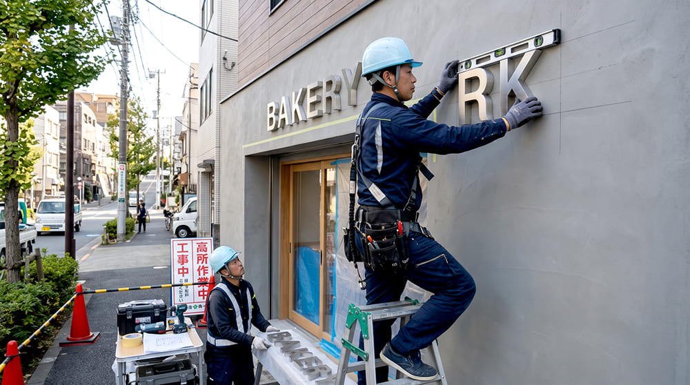 神奈川県内の店舗外壁に熟練の職人が箱文字を安全に取り付ける施工風景