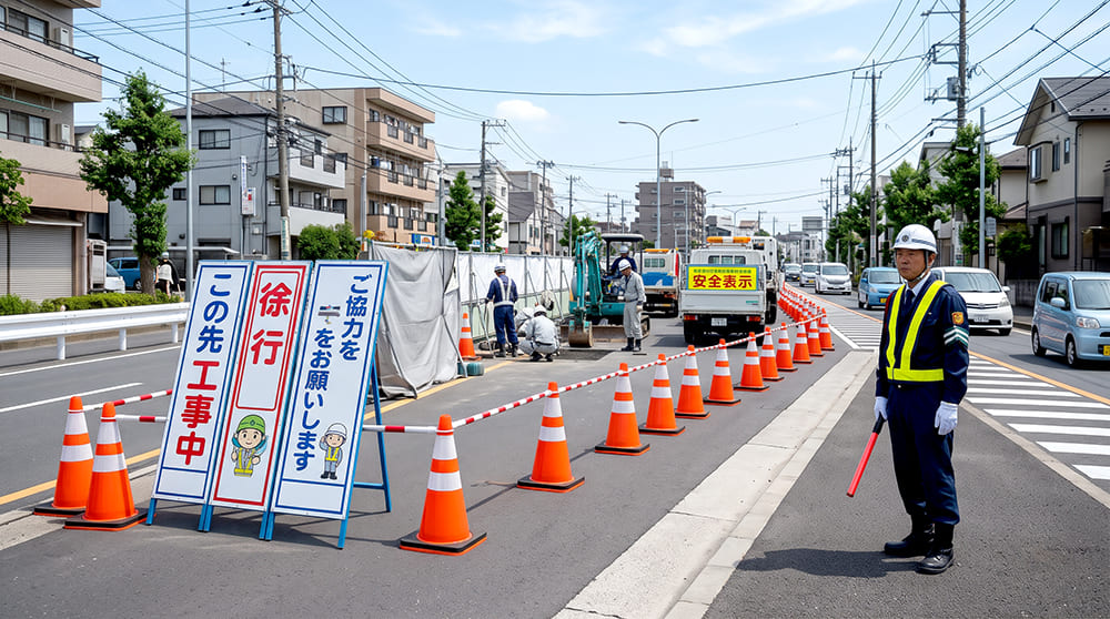 日本の道路工事現場に整然と配置されたSL看板やスリム看板