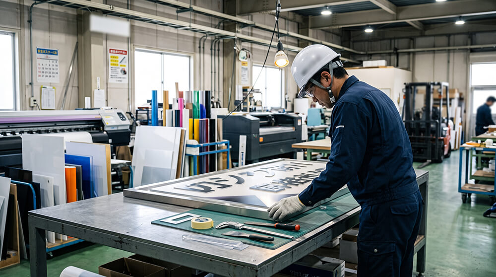 看板の自社工場での加工・制作と品質チェックの風景