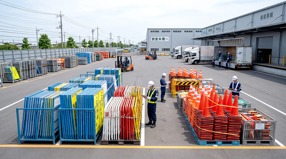 全国の拠点から安全保安用品や工事看板が即納準備される大型物流ヤード