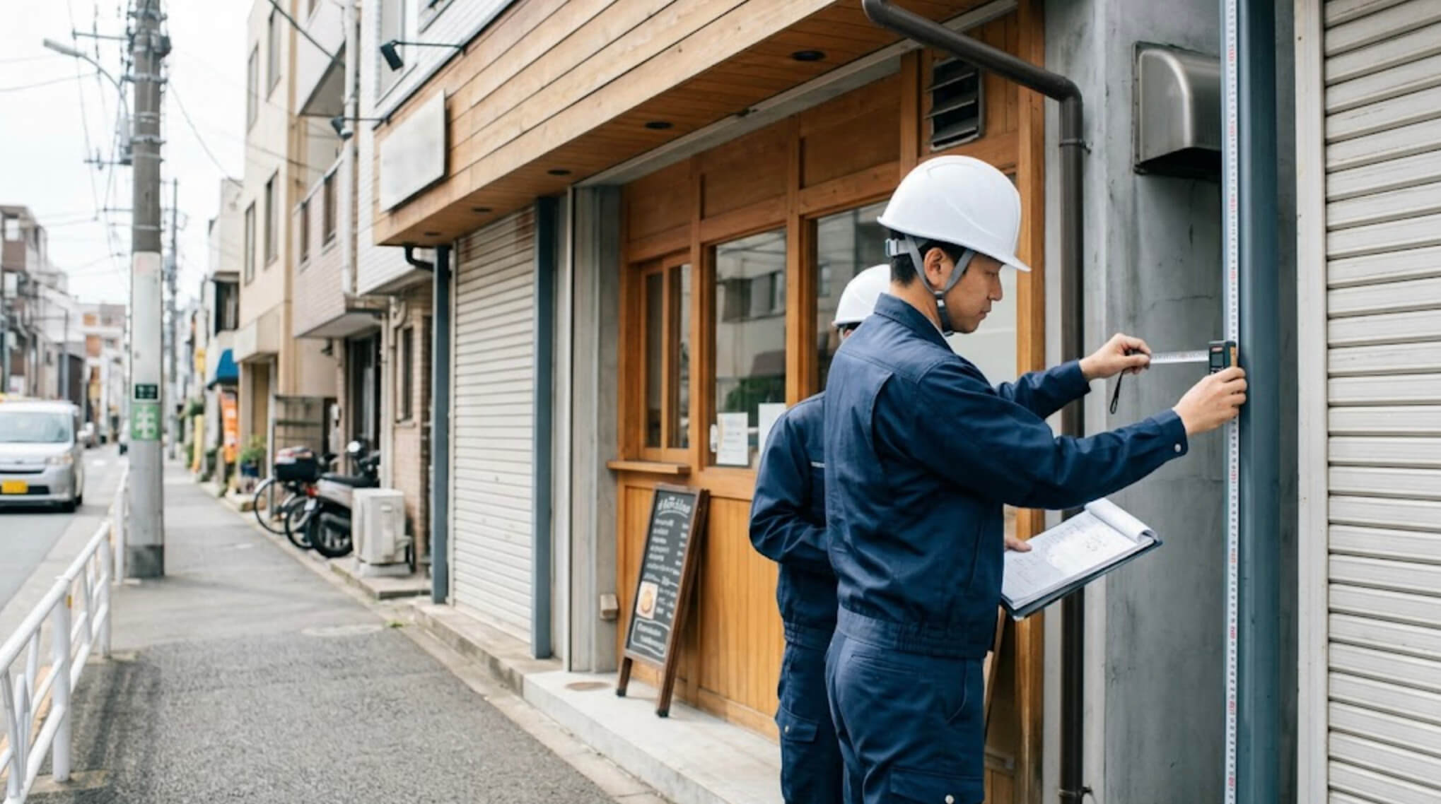 神奈川県内の現場で精密に寸法を測定する看板施工スタッフ